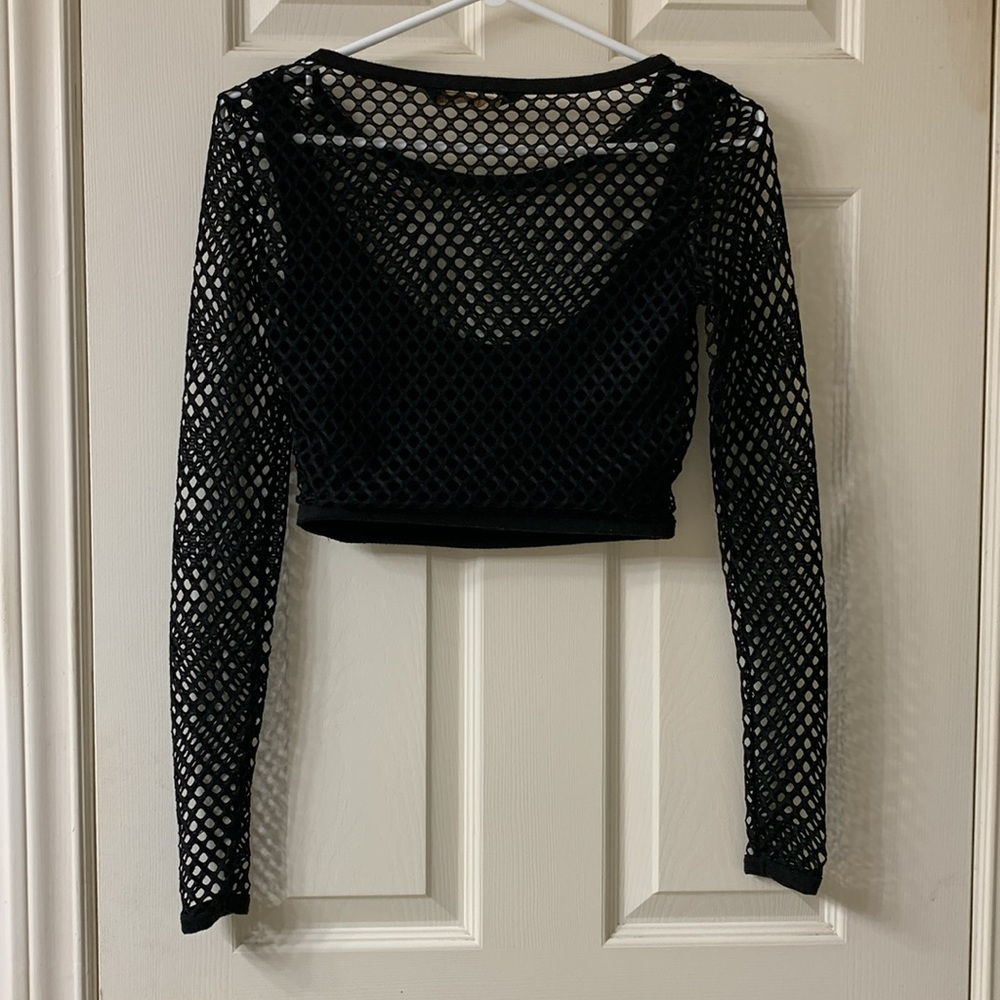 🌷3 for$25🌷Kardashian Kollection, US XS, Black Long Sleeve Fishnet Crop Top - Picture 2 of 8